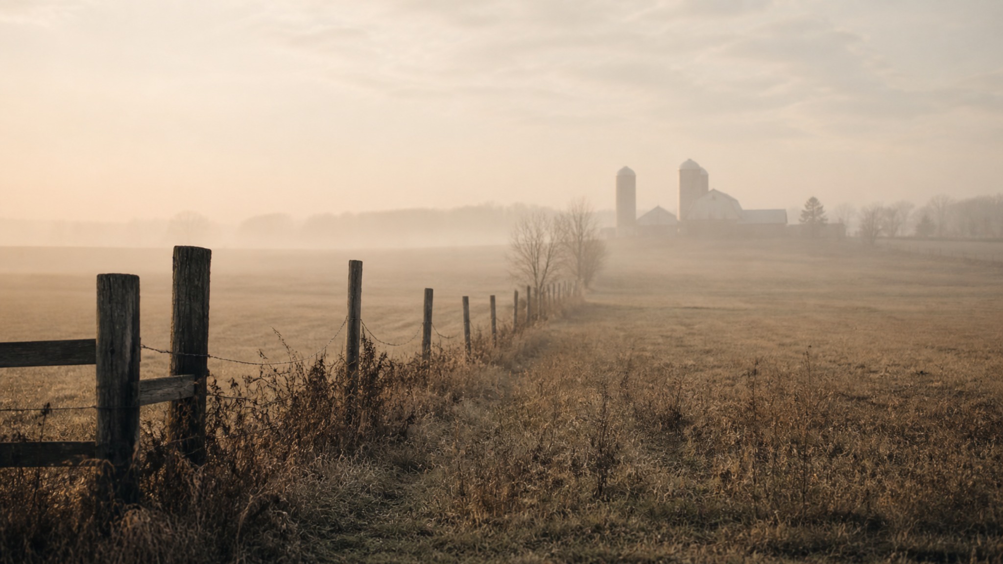 Warm field with fence line leading toward a distant farm